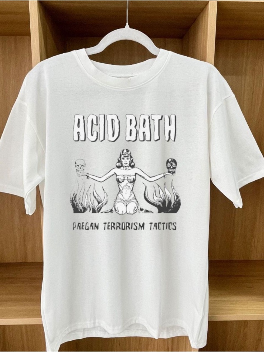 Acid Bath Band Flame Skull Retro White T-shirt